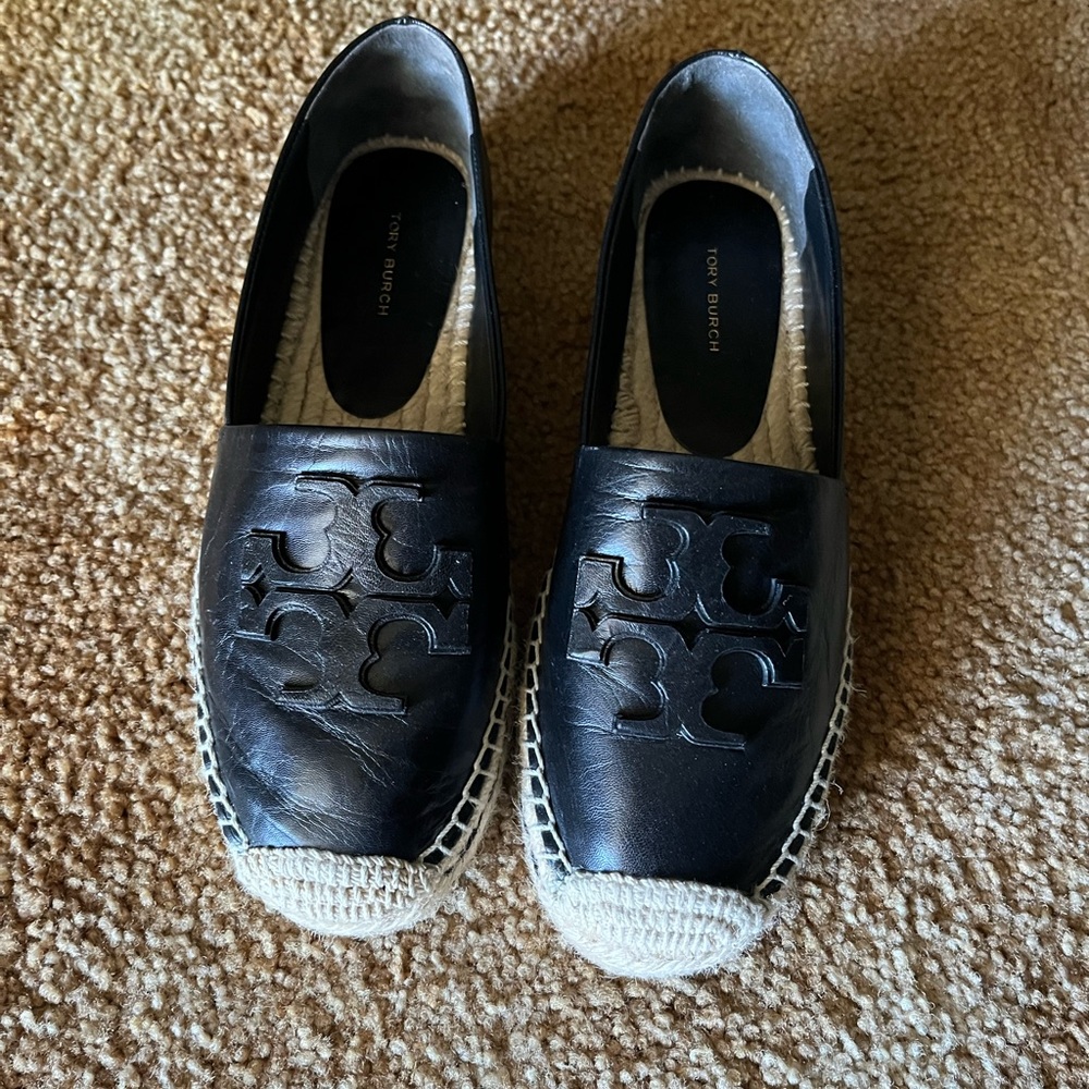 Tory Burch espadrilles black leather size 7.5 Excellent used condition.